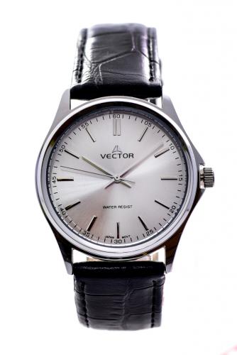 Классические мужские часы VECTOR V8-102513 steel с индексами на серебристом циферблате, на черном кожаном ремне.