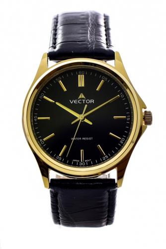 Позолоченные классические мужские часы VECTOR V8-102593 black черные с индексами gold на циферблате, на кожаном ремне.