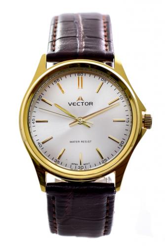 Позолоченные классические мужские часы VECTOR V8-102593 steel с gold индексами на сером циферблате, на коричневом ремне.