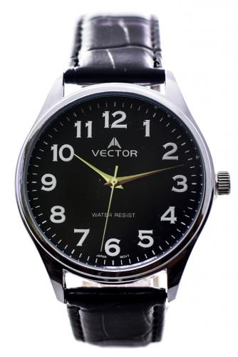 Классические мужские часы VECTOR V8-105511 black с белыми арабскими цифрами на черном циферблате, на кожаном ремне.