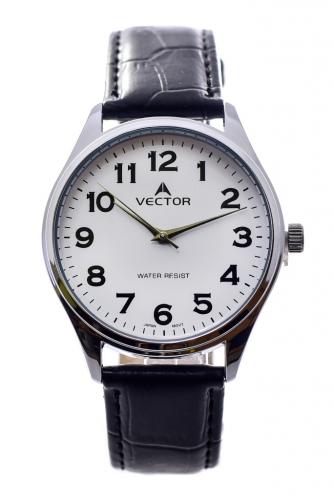 Классические мужские часы VECTOR V8-105511 white с арабскими цифрами на белом циферблате, на черном кожаном ремне.