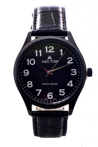 Черные классические мужские часы VECTOR V8-105551 black с белыми арабскими цифрами на циферблате, на кожаном ремне.