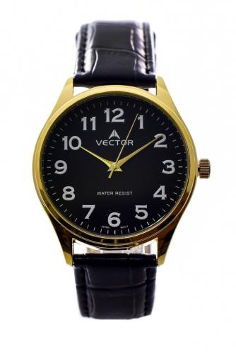 Позолоченные gold классические мужские часы VECTOR V8-105591 black черные с арабскими цифрами, на кожаном ремешке.