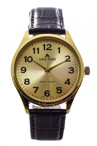 Позолоченные классические мужские часы VECTOR V8-105591 gold желтые с арабскими цифрами, на черном ремешке, wr30m.