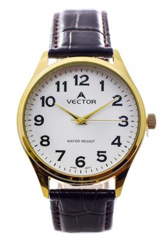 Позолоченные gold классические мужские часы VECTOR V8-105591 white белые с арабскими цифрами, на черном ремешке.