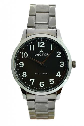 Классические мужские часы VECTOR V8-106417 black с арабскими цифрами на черном циферблате, на стальном браслете, wr30m.