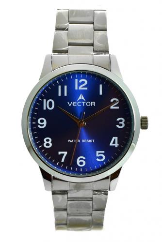 Классические мужские часы VECTOR V8-106417 blue с арабскими цифрами на синем циферблате, на стальном браслете, wr30m.