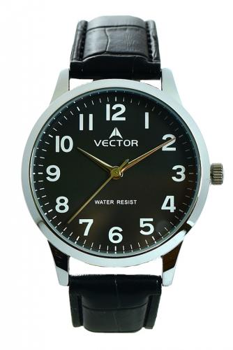 Черные классические мужские часы VECTOR V8-105551 black с белыми арабскими цифрами на циферблате, кожаный ремешок.