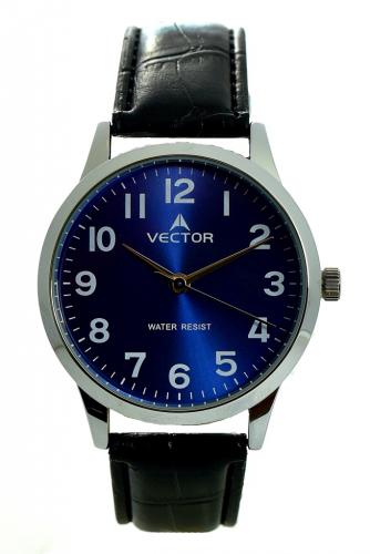Классические мужские часы VECTOR V8-1065175 blue с арабскими цифрами на синем циферблате, черный кожаный ремешок.