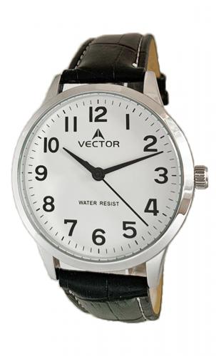 Классические мужские часы VECTOR V8-1065175 white с арабскими цифрами на белом циферблате, черный кожаный ремешок.