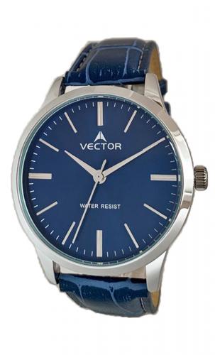 Синие классические мужские часы VECTOR V8-106518 blue с серебристыми индексами и стрелками, на кожаном ремешке.