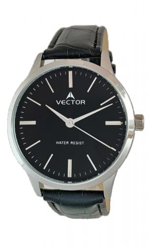 Черные классические мужские часы VECTOR V8-1065185 black с серебристыми индексами и стрелками, на кожаном ремешке.