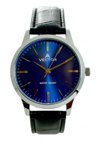 Классические мужские часы VECTOR V8-1065185 blue с позолоченными индексами и стрелками на синем циферблате, на ремне.
