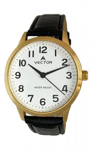 Позолоченные gold классические мужские часы VECTOR V8-106597 white белые с арабскими цифрами, на черном ремешке.