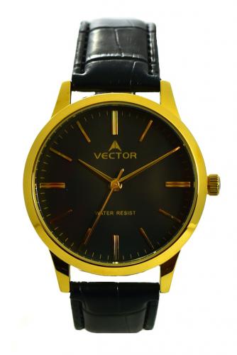 Позолоченные черные мужские часы VECTOR V8-106598 black с gold индексами и стрелками, на кожаном ремне, wr30m.