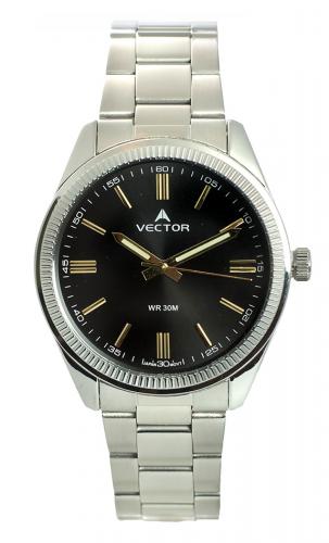Классические мужские часы VECTOR V8-1074132 black с позолоченными индексами и стрелками на черном циферблате, браслет.