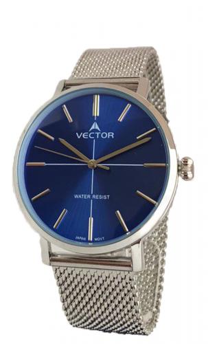 Крупные мужские классические часы VECTOR V8-108413 blue с индексами на синем циферблате, на миланском браслете.