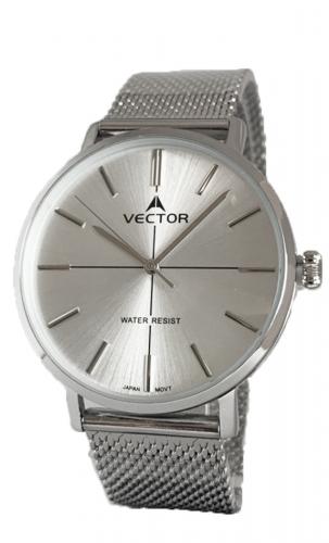 Крупные мужские классические часы VECTOR V8-108413 silver с индексами на серебристом циферблате, на миланском браслете.