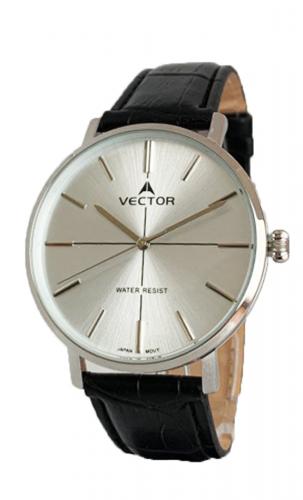 Крупные мужские классические часы VECTOR V8-108513 silver с минеральным сферическим стеклом на черном кожаном ремешке.