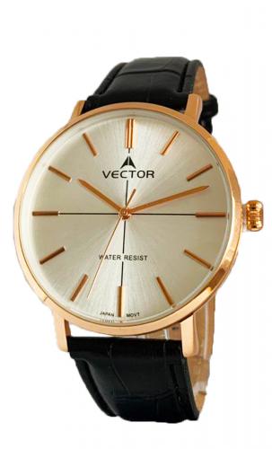 Позолоченные rose gold крупные мужские часы VECTOR V8-108583 silver с минеральным сферическим стеклом на черном ремешке.