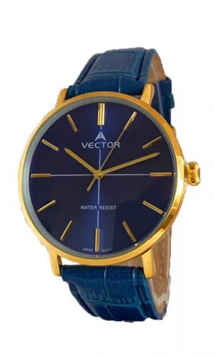 Позолоченные gold крупные мужские часы VECTOR V8-1085933 blue со сферическим стеклом, на синем кожаном ремешке.
