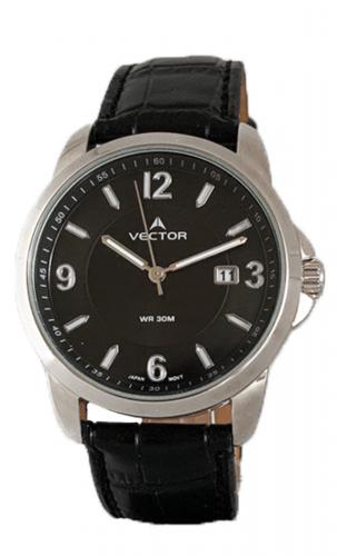 Мужские часы в стиле кэжуал VECTOR VC8-011517 black с черным циферблатом и датой на кожаном ремешке с белой прострочкой.