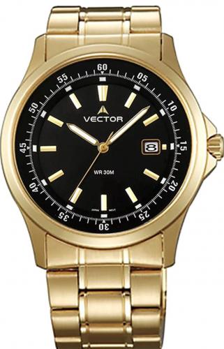 Позолоченные gold классические мужские часы VECTOR VC8-025488 black с датой на черном циферблате, на желтом браслете.