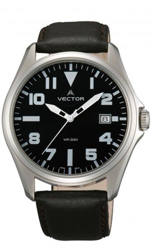Мужские часы в стиле кэжуал VECTOR VC8-032512 black с арабскими цифрами и крупными стрелками на черном циферблате.