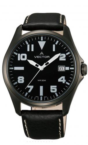 Черные мужские часы в стиле кэжуал VECTOR VC8-032552 black с белыми арабскими цифрами и крупными стрелками, на ремне.