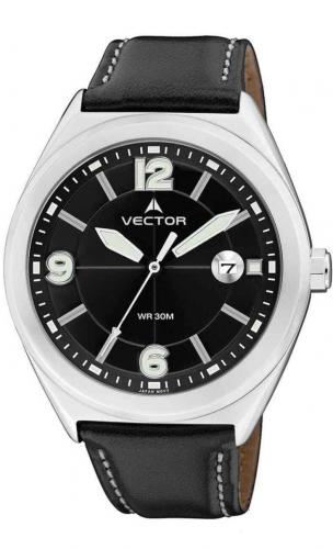 Черные мужские часы в стиле кэжуал VECTOR VC8-040512 black с Neobrite на стрелках и крупных арабских цифрах, кожаный ремень.