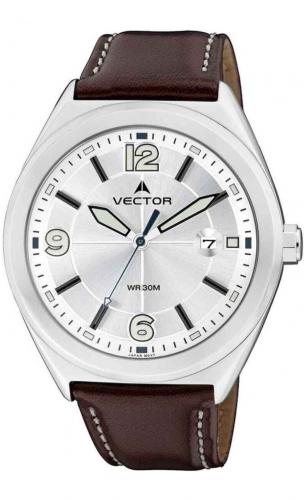 Мужские часы в стиле кэжуал VECTOR VC8-040512 steel с Neobrite на стрелках и крупных арабских цифрах, коричневый ремень.