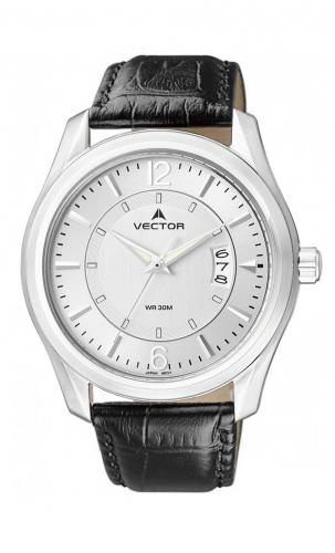 Классические мужские часы VECTOR VC8-042513 steel с расширенной апертурой даты на серебристом циферблате, на ремне.