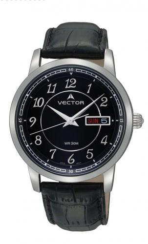 Черные классические мужские часы VECTOR VC8-043512 black с арабскими цифрами, датой и днем недели, на кожаном ремешке.