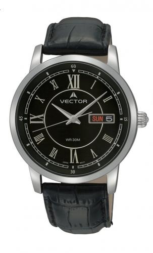 Черные классические мужские часы VECTOR VC8-043515 black с римскими цифрами, датой и днем недели, на кожаном ремешке.