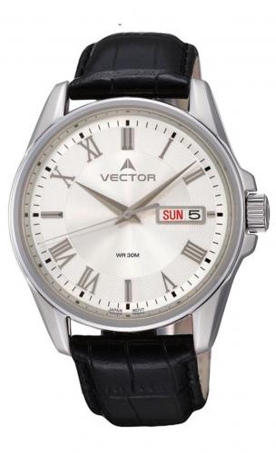 Мужские часы в стиле кэжуал VECTOR VC8-045515 steel с римскими цифрами, датой и днем недели, на черном кожаном ремне.