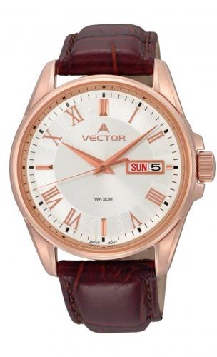 Позолоченные мужские часы VECTOR VC8-0455859 steel rose gold с датой, днем недели, римскими цифрами, на коричневом ремне.