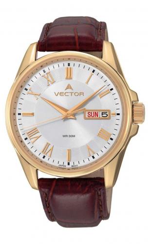 Позолоченные gold мужские часы VECTOR VC8-045595 steel с датой, днем недели, римскими цифрами, на коричневом ремне.