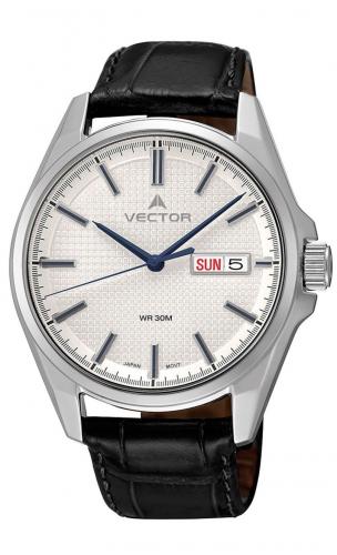Классические мужские часы VECTOR VC8-048513 steel с синими стрелками, датой и днем недели на белом циферблате, ремень.