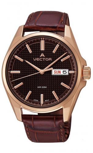 Мужские часы VECTOR VC8-048583 brown в корпусе rose gold, с датой и днем недели на коричневом циферблате, на ремешке.