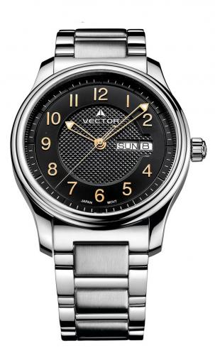Классические мужские часы VECTOR VC8-052412 black с позолоченными стрелками и цифрами на черном циферблате, браслет.