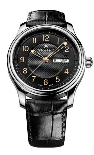 Классические мужские часы VECTOR VC8-052512 black черные с позолоченными цифрами, дата, день недели, на ремешке.