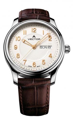 Классические мужские часы VECTOR VC8-052512 steel с позолоченными арабскими цифрами, на коричневом ремешке.