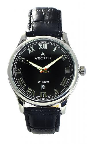 Классические мужские ретро часы VECTOR VC8-1015151 black черные с датой и римскими цифрами, на кожаном ремешке, Neobrite.