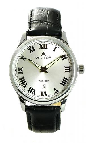 Классические мужские ретро часы VECTOR VC8-1015155 steel серебристые с римскими цифрами, на кожаном ремешке, Neobrite.