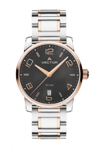 Биколорные rose gold мужские часы VECTOR VC8-103462 black со сферическим стеклом, с датой на черном циферблате, на браслете.