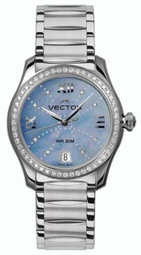 Женские фэшн часы с кристаллами VECTOR VC9-005413QZ blue с синим перламутровым циферблатом и стальным браслетом.