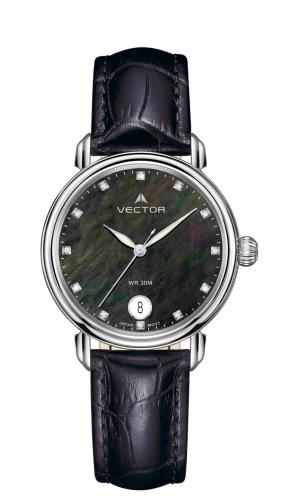 Женские часы с кристаллами VECTOR VC9-011513 black-pearl с черным перламутровым циферблатом на кожаном ремне, wr 30m.