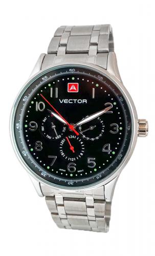 Мужские кэжуал часы VECTOR VH8-018412 black с арабскими цифрами и красной стрелкой на черном циферблате, браслет.