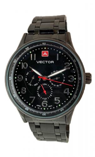 Мужские кэжуал часы VECTOR VH8-018457 black черные с тремя циферблатами и арабскими цифрами, на стальном браслете.