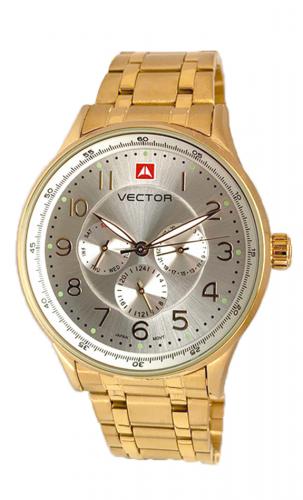 Позолоченные gold мужские часы VECTOR VH8-018492 steel с тремя циферблатами и арабскими цифрами, на стальном браслете.